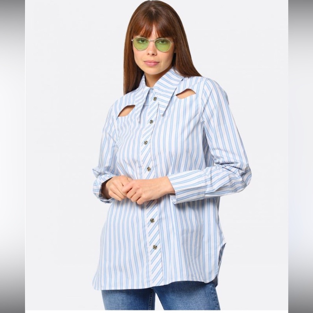 GANNI Stripe Cutout Collared Shirt